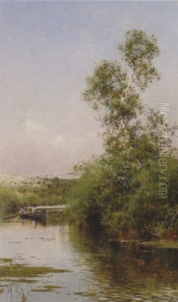 Boating Along A Quiet River Oil Painting by Emilio Sanchez-Perrier