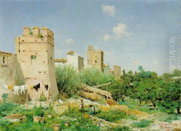 Figures In An Orchard Before A Fortified Town Oil Painting by Emilio Sanchez-Perrier