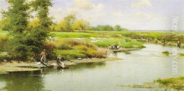 Washerwomen Along A Riverbank, Guillena Oil Painting by Emilio Sanchez-Perrier