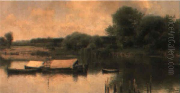 Boats On A Stream Oil Painting by Emilio Sanchez-Perrier