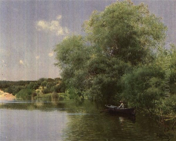 Rower On A Quiet River Oil Painting by Emilio Sanchez-Perrier