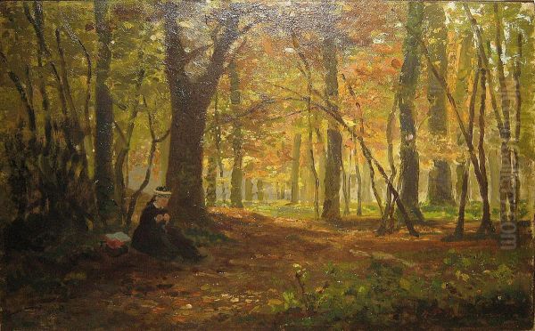 Rustende Vrouw In Het Bos . Oil Painting by Hippolyte Boulenger