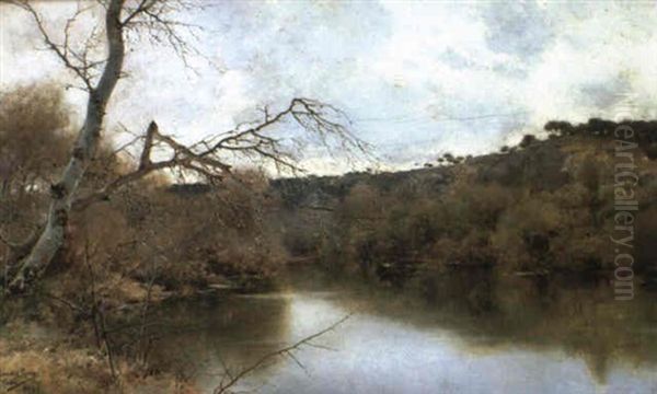 A Figure In A River Landscape Oil Painting by Emilio Sanchez-Perrier