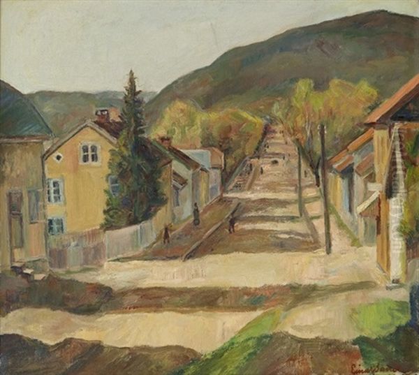 Storgaten In Lillehammer Oil Painting by Einar Sandberg