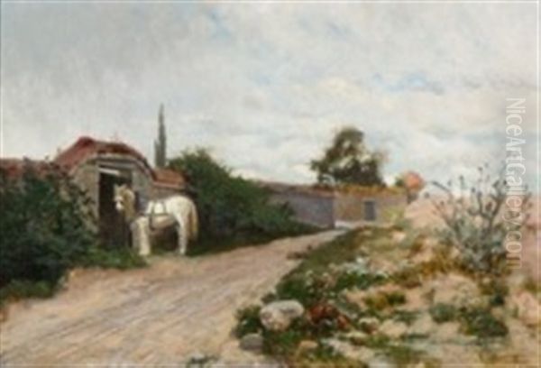 Horse On A Dirt Road In A French Landscape Oil Painting by Hjalmar Sandberg