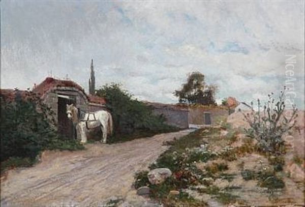 Horse On A Dirt Road In A French Landscape Oil Painting by Hjalmar Sandberg