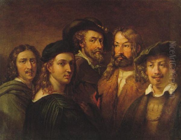 Fem Konstnarer: Poussin, Rafael (egentligen Bindo Altoviti), Rubens, Durer Och Rembrandt Oil Painting by Johan Gustav Sandberg