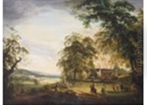 An Extensive Landscape With Elegant Figures In The Foreground Near A Manor House With A River And Castle Beyond, Possibly Arundel Oil Painting by Paul Sandby