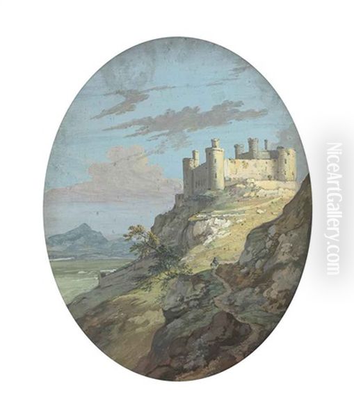 View Of Harlech Castle; View Of A Watermill (pair) Oil Painting by Paul Sandby