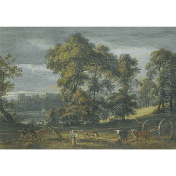 Chepstow Castle, With A Wood-cutter And His Family In The Foreground Oil Painting by Paul Sandby