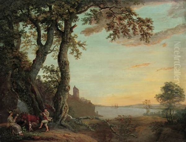 A Bucolic Couple In A Landscape, With A Castle And An Estuary Beyond Oil Painting by Paul Sandby