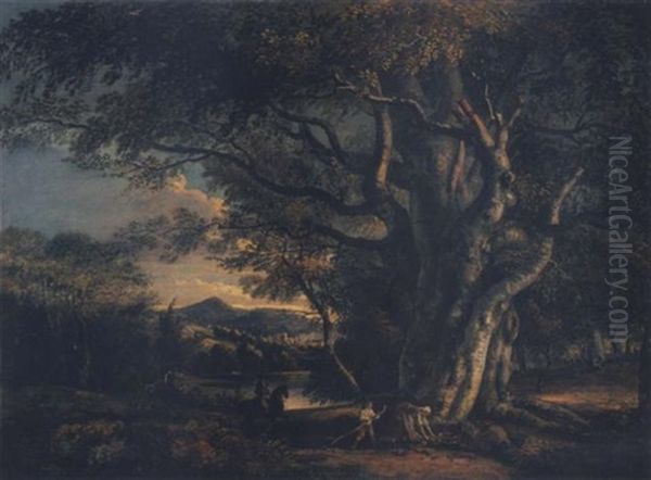 A Wooded Landscape With An Ancient Beech Tree, A Huntsman And Mountains Beyond Oil Painting by Paul Sandby