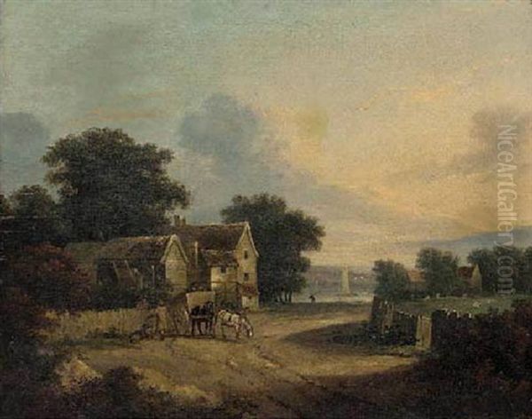 A Sunset River Landscape With Figures And A Horse And Cart Before A Cottage Oil Painting by Paul Sandby