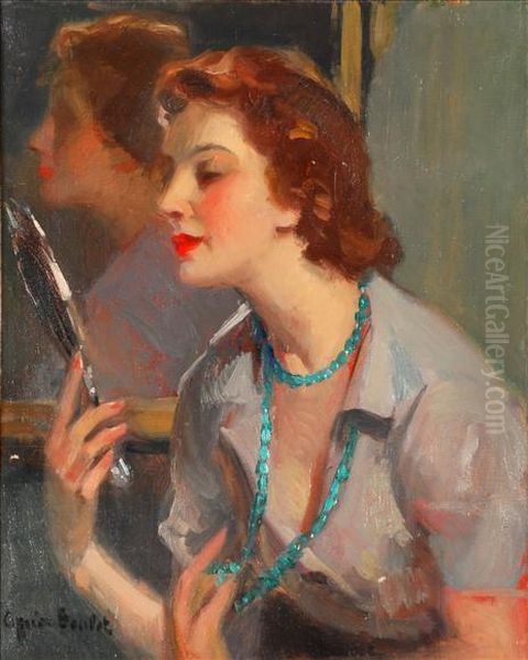 Portrait Ofa Lady Looking Into A Mirror Oil Painting by Cyprien Boulet