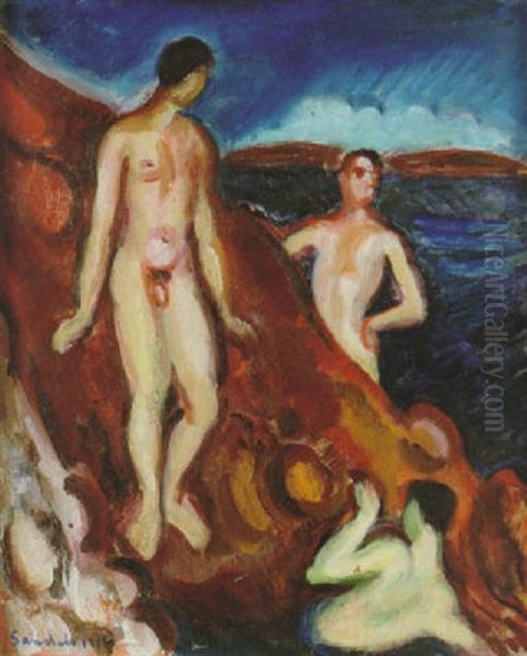 Badande Ynglingar Oil Painting by Goesta (Adrian G. Fabian) Sandels