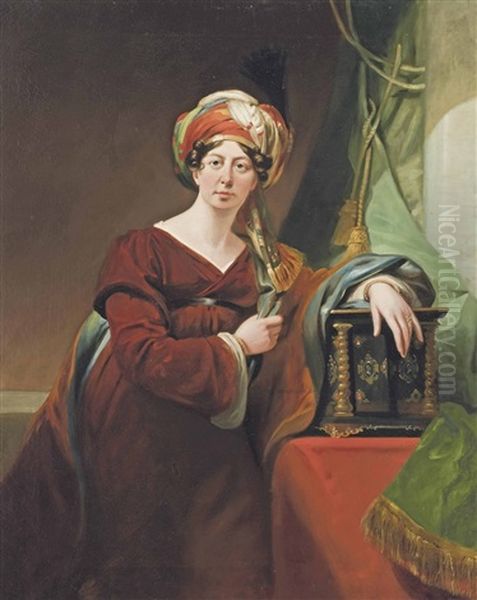 Portrait Of Hester Maria, Viscountess Keith Elphinstone, Nee Thrale (1764-1857), Three-quarter-length, In A Red Dress And Blue Wrap, With A Turban, Her Left Hand On A Sculpted Box On A Table, Before A Green Curtain Oil Painting by George Sanders