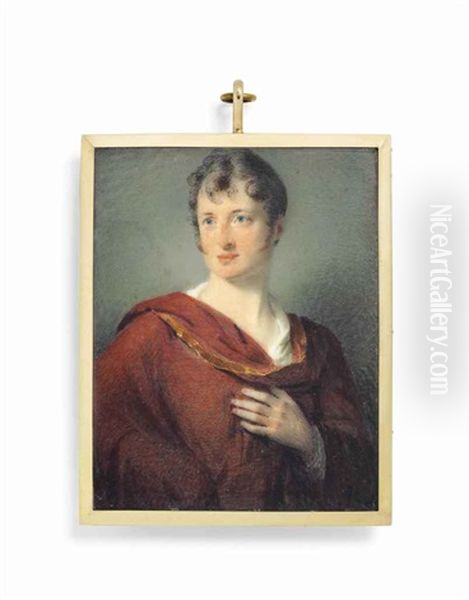 The Hon. Henry Augustus Berkeley Craven (1776-1836), In A White Shirt And Crimson Cloak With Gold Trim, Brown Curling Hair And Whiskers Oil Painting by George Sanders