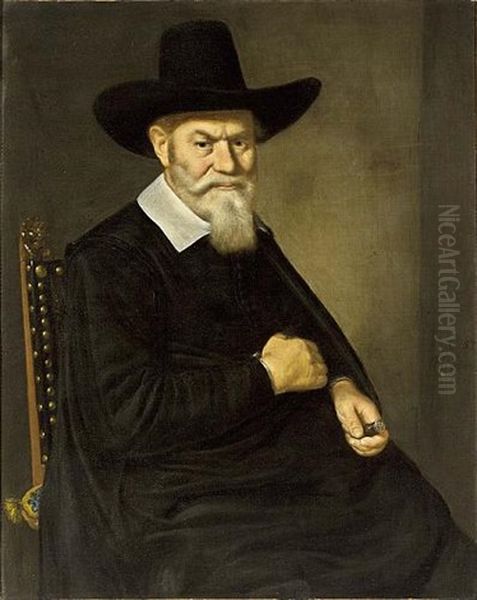 A Portrait Of A 67-year Old Gentleman, Wearing A Black Coat With A White Collar And A Hat, Holding A Seal-stamp With A Coat-of-arms Of The City Of Amsterdam In His Left Hand Oil Painting by Herkules Sanders