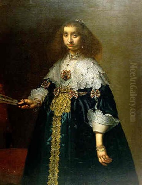 Portrait Of A Dutch Lady Holding A Fan Oil Painting by Herkules Sanders