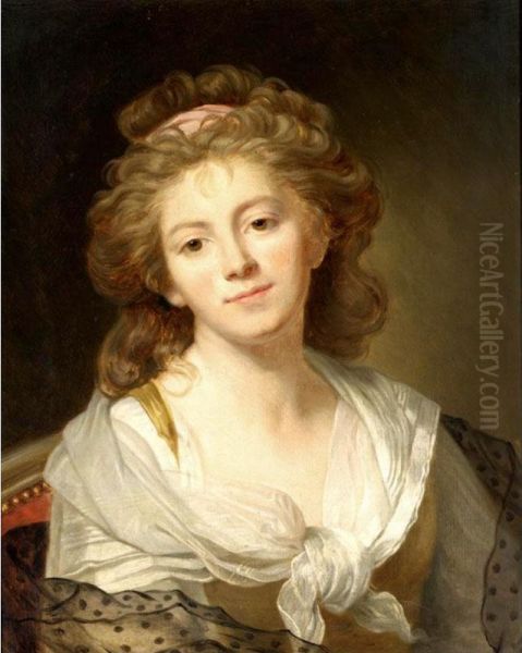 Self-portrait , Head And Shoulders, Wearing A Yellow Dress With A White Collar And A Pink Hair Ribbon Oil Painting by Marie Genevieve Bouliard