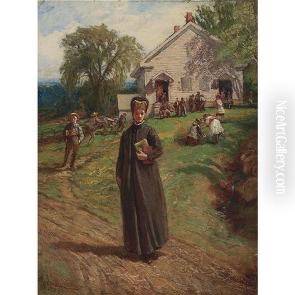 Woman In Front Of A School Oil Painting by Henry Sandham