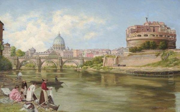 Vue Sur Le Tibre A Rome Avec Le Chateau Et Le Pont Saint-ange Oil Painting by Abel Boulineau