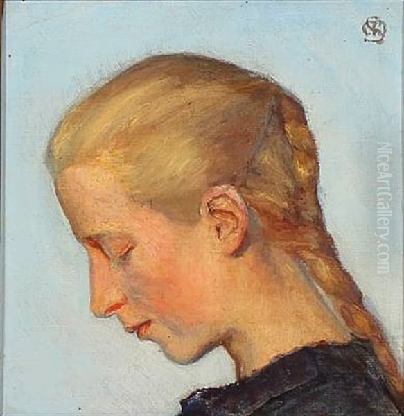 Young Girl In Profile Oil Painting by Marie Sandholt