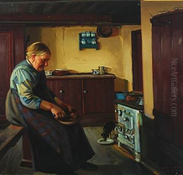 Interior From A Kitchen With Woman And Dog Oil Painting by Marie Sandholt