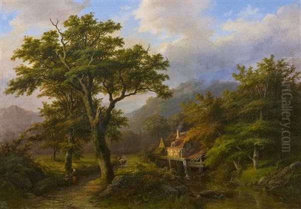 Romantische Landschaft Mit Muhle Und Grosen Eichbaumen Oil Painting by Anna Van Sandick