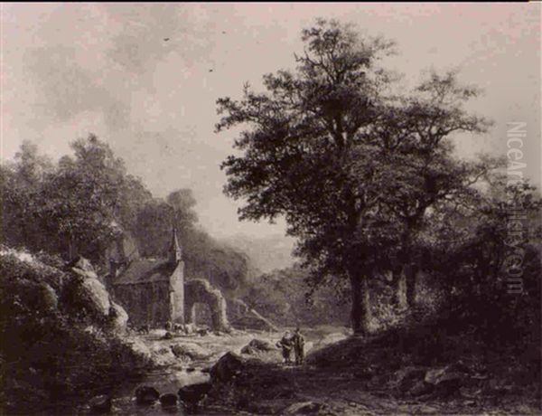 A Wooded Landscape With Figures By The Church Of Duffelward Oil Painting by Anna Van Sandick