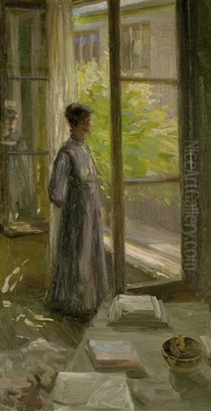 Erwartung - Junge Frau An Einem Geoffneten Fenster Oil Painting by Hermann Sandkuhl