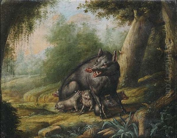 Eine Wildsau Mit Ihren Jungen (+ Ein Bar Wird Von Bienen Attackiert; Pair) Oil Painting by Georg Ernst Sandner