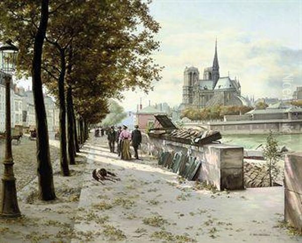 A Book Stall On The Seine, Notre Dame Beyond Oil Painting by Abel Boulineau