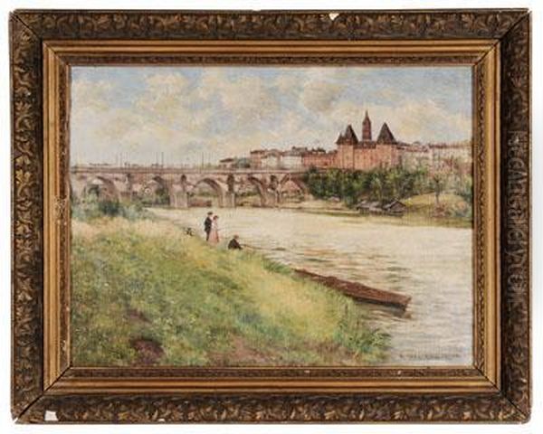 Landscape With River And Figures Fishing Oil Painting by Abel Boulineau