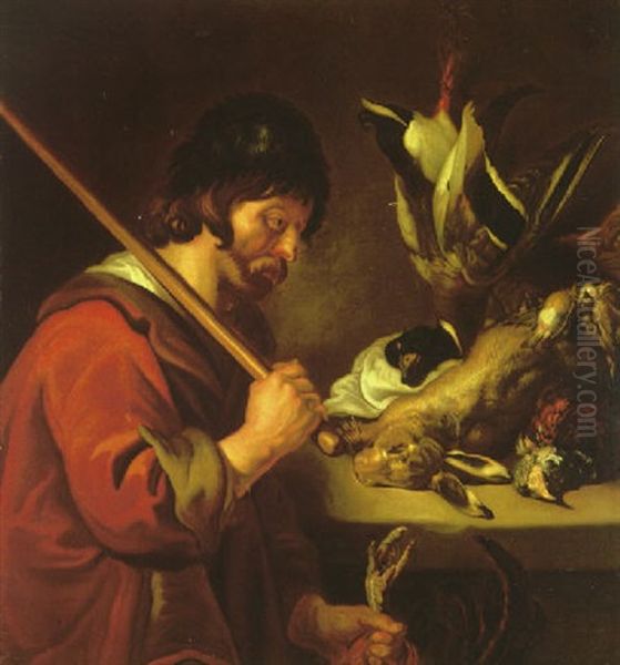 A Gamekeeper Standing Next To A Ledge With A Still Life Of A Hare, A Duck And Other Fowl Oil Painting by Joachim von Sandrart the Elder