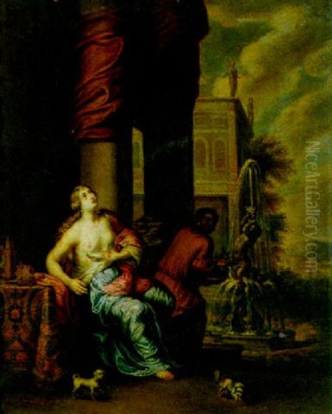 Cleopatra With A Servant In A Park Setting Oil Painting by Jan von Sandrart