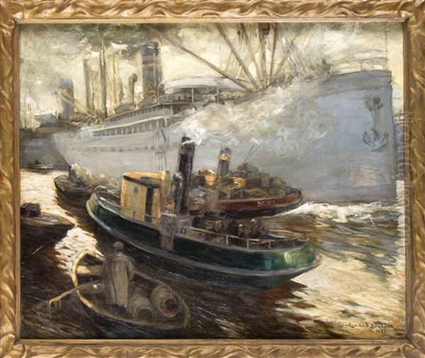 Dampfer Und Schlepper Im Hamburger Hafen Oil Painting by Leonhard Sandrock