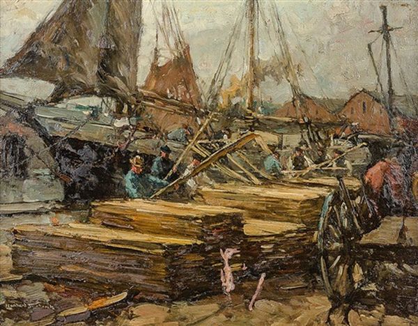 Partie Am Hafen Von Cuxhaven Mit Arbeiter Beim Loschen Von Holz Oil Painting by Leonhard Sandrock