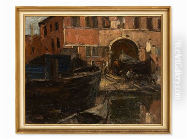 Venetian Boatyard Oil Painting by Leonhard Sandrock