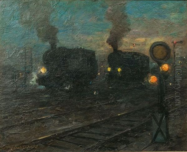 Locomotives And Signals Oil Painting by Leonhard Sandrock