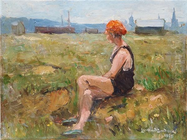 Woman In A Bathing Suit Oil Painting by Leonhard Sandrock