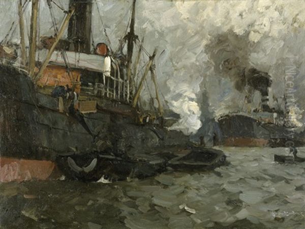 Frachtschiffe Im Hamburger Hafen Mit Blick Auf Den Michel Oil Painting by Leonhard Sandrock