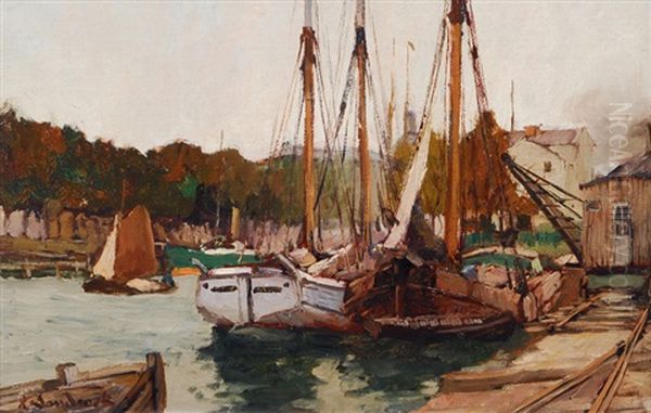 Ships At A River Branch In Berlin City Oil Painting by Leonhard Sandrock