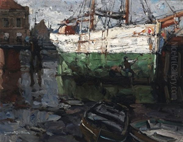 Lotsenschoner Bei Ebbe (cuxhaven) Oil Painting by Leonhard Sandrock