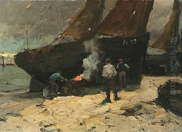 Teeren Der Fischerboote (nieuport) Oil Painting by Leonhard Sandrock