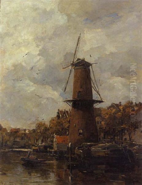 Alte Windmuhle Am Flussufer Oil Painting by Leonhard Sandrock