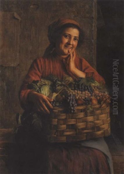 A Peasant Woman With A Basket Of Grapes And Other Fruit Oil Painting by Giovanni Sandrucci