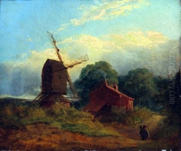 Landscape With Figure A Cottage And A Mill Oil Painting by Anthony Sandys