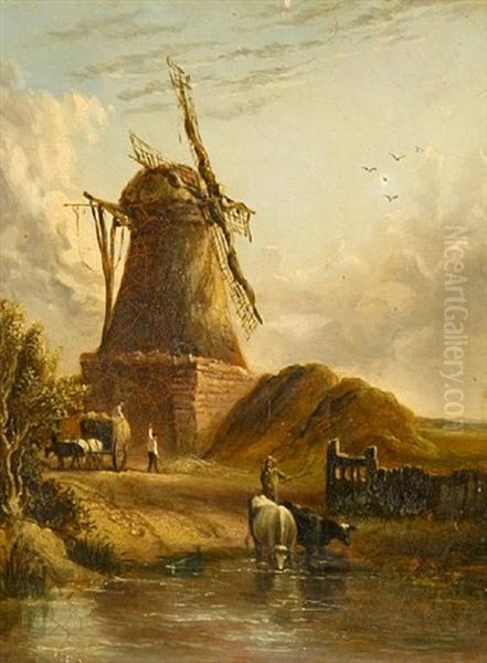 Landscape With Haycart, Cattle And Figures Before A Windmill Oil Painting by Anthony Sandys