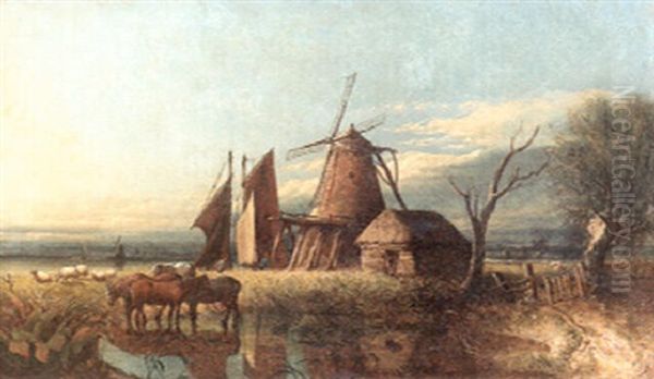 An Extensive Broadland View With A Windmill And A Cottage And Horses Watering At A Pond In The Foreground Oil Painting by Anthony Sandys